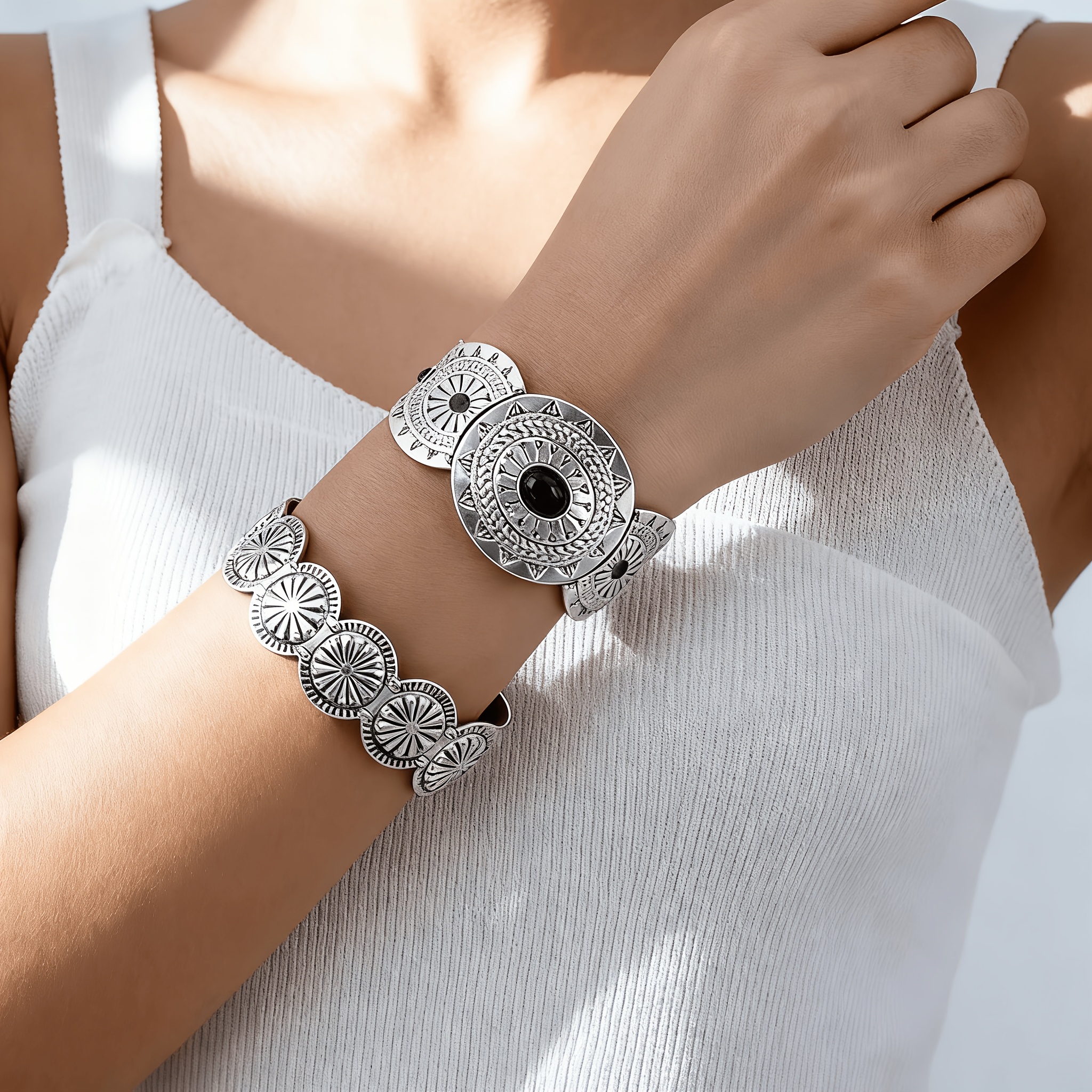 2pc Vintage Ethnic Style Bracelet Set with Geometric Charm